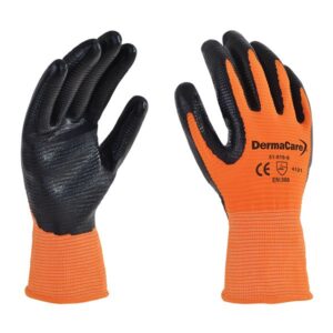 GUANTE NYLON NARANJA Y NITRILO SOLIDO ACANALADO EN PALMA DERMACARE